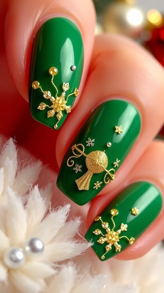 Close-up of green Gel X nails with gold glitter and snowflakes on a festive background.